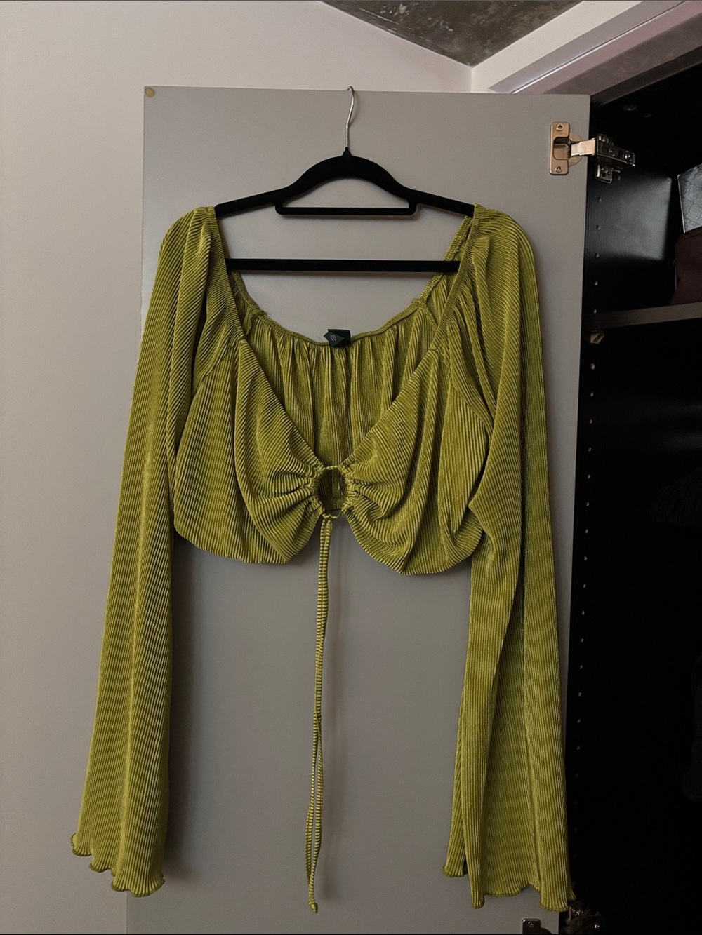 wild fable Lime Green Ribbed Long Sleeve Crop Top with Front Ring Tie